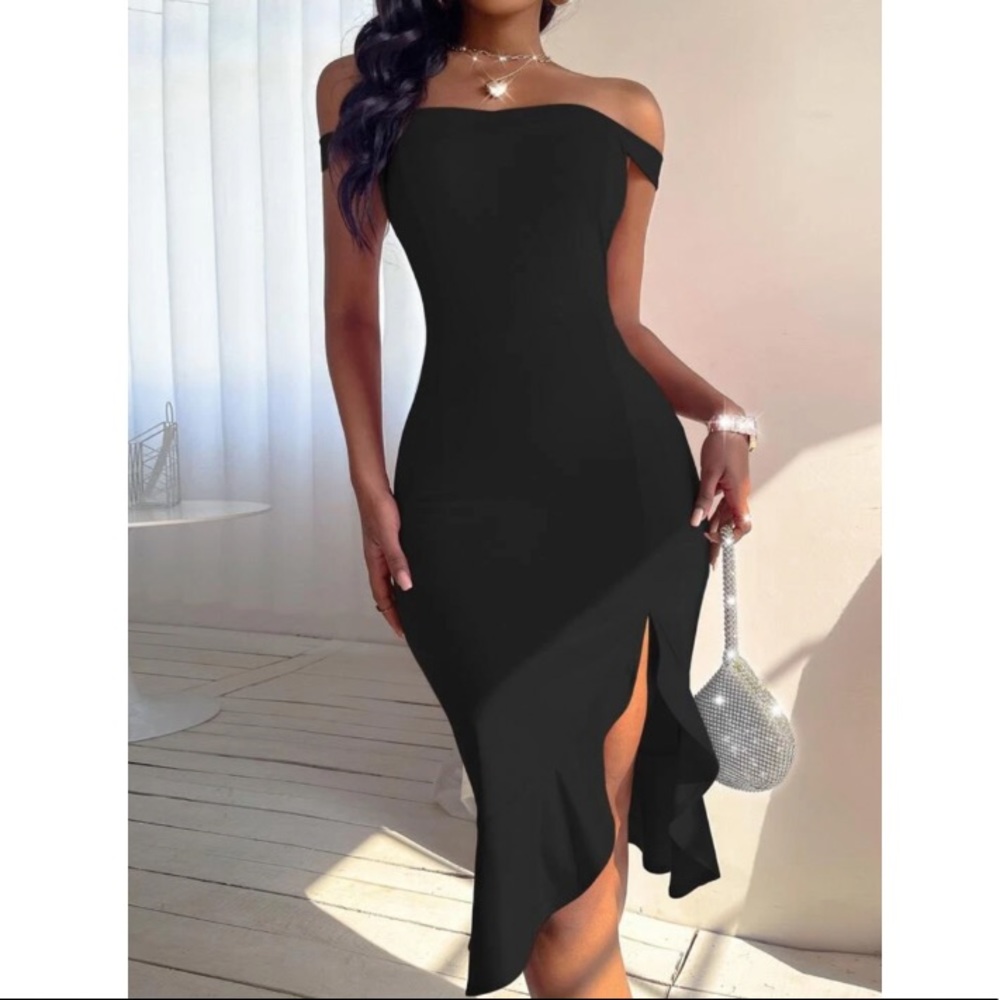 Slit thigh ruffle hem bodycon dress black